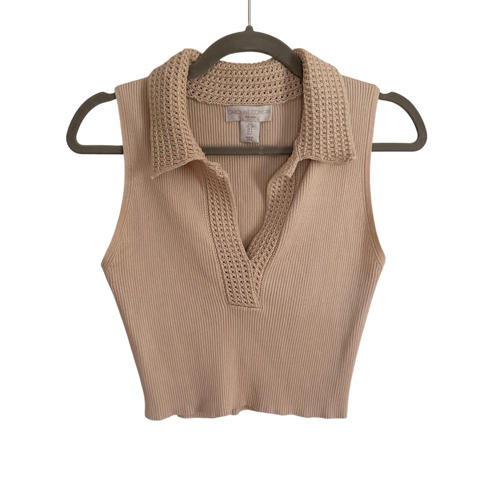 Caroline Constas Sleeveless Ribbed Polo Top Beige Crochet Collar Small Boho Prep